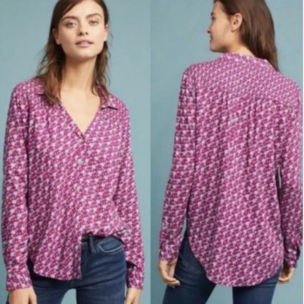 Anthropologie Blouse Pink Purple Printed Button-Down smocked Size Small